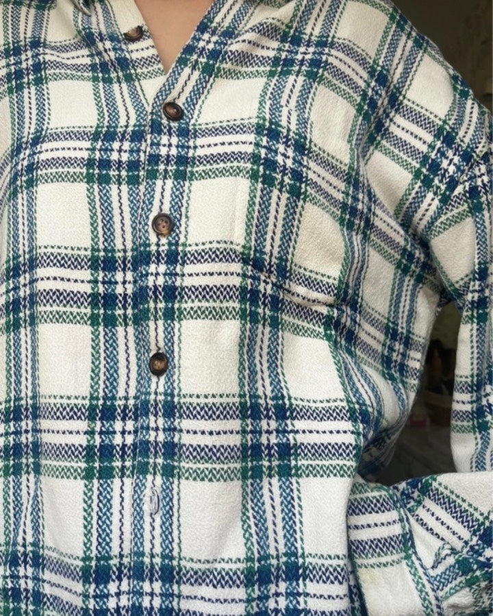Camisa vintage blanca, azul y verde de franela/cuadros escoceses