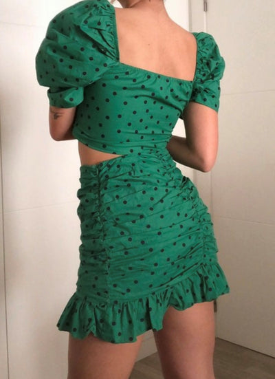 conjunto de falda y top verde con lunares