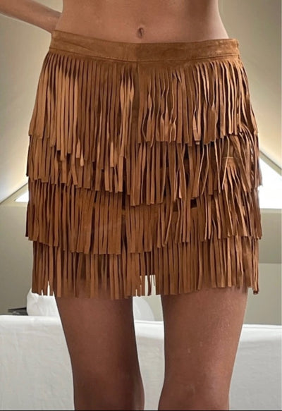 Falda vintage de ante marrón con flecos