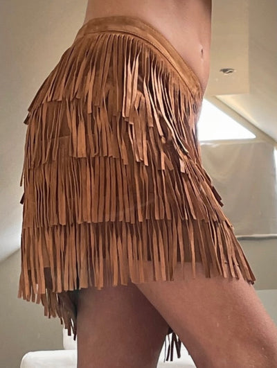 Falda vintage de ante marrón con flecos